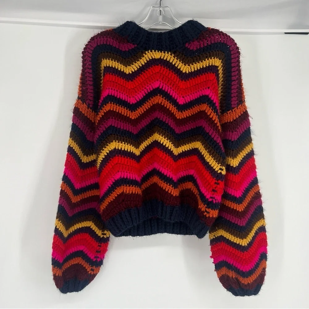 Farm Rio Colorful Waves Rainbow Handmade Crochet Balloon Sleeve Sweater Small - Picture 3 of 10